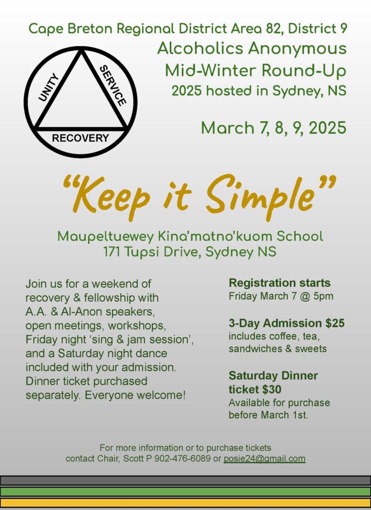 Flyer for an Alcoholics Anonymous event in Sydney, NS, March 7-9, 2025. Details include location, registration, events, and contact information.